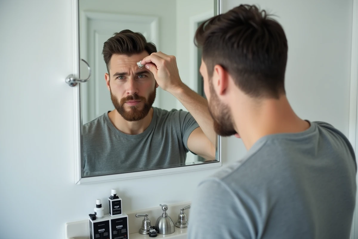 Homme examinant ses racines blanches dans un miroir avec des produits de coloration capillaire posés sur l'étagère