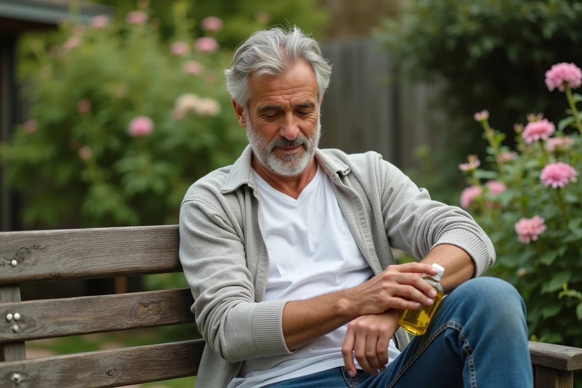 Homme appliquant une huile fermeur dans son jardin