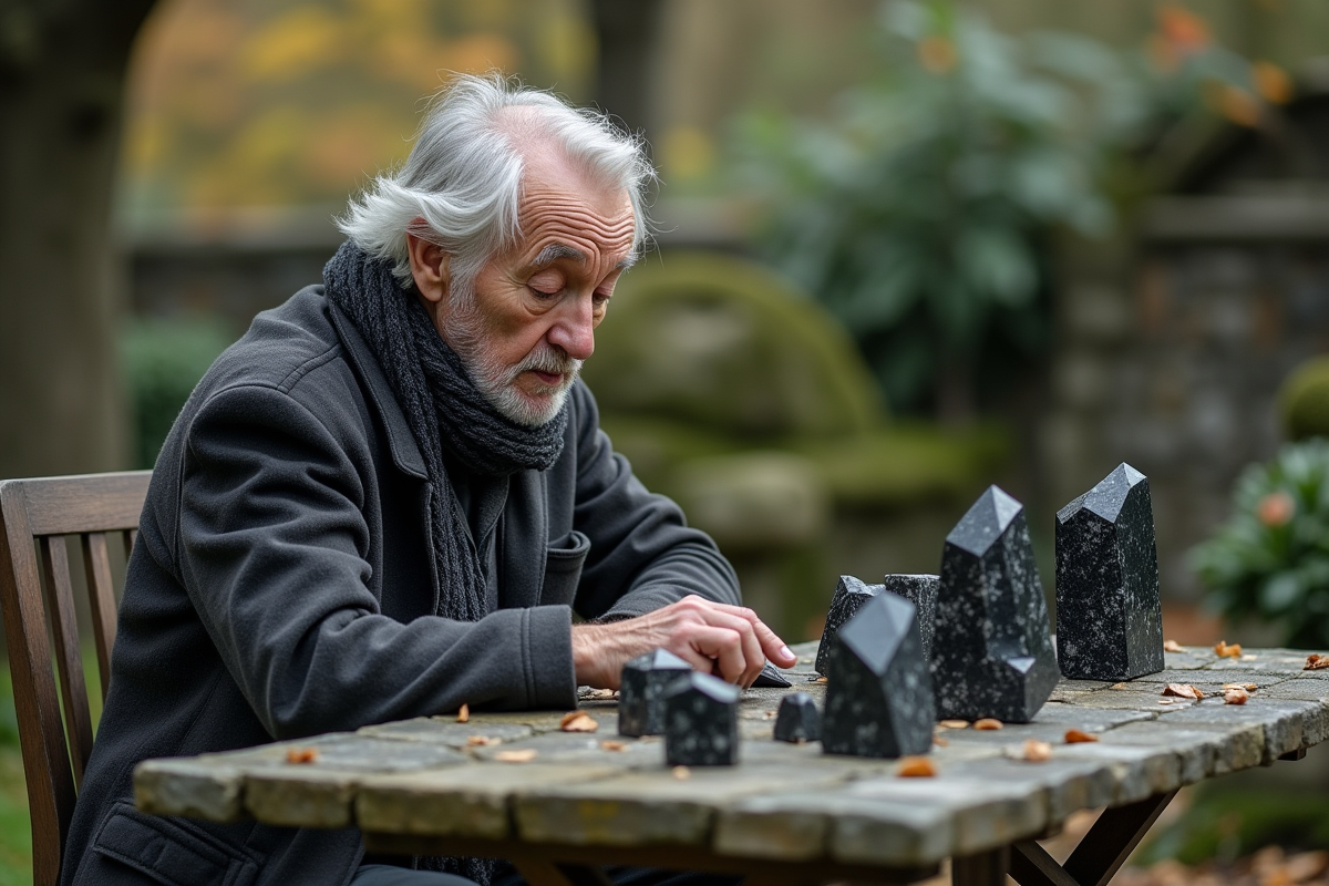 Homme âgé examinant des cristaux dans un jardin naturel