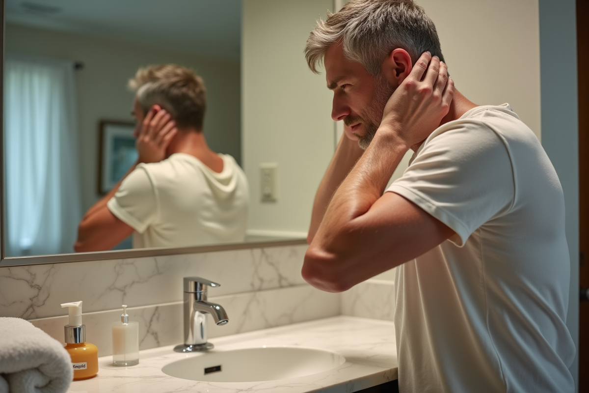 Homme appliquant un soin capillaire dans sa salle de bain
