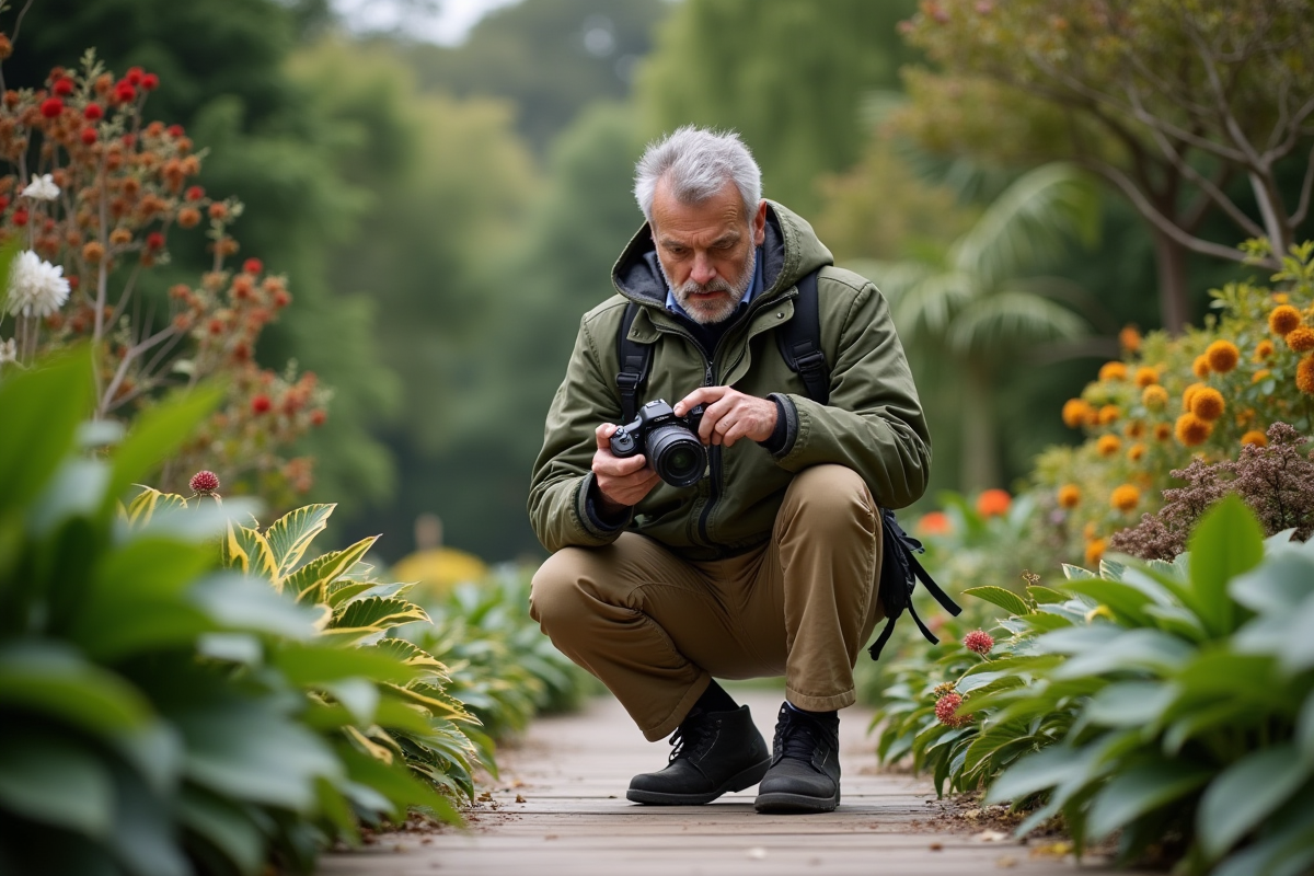 Homme ajustant son DSLR dans un jardin botanique