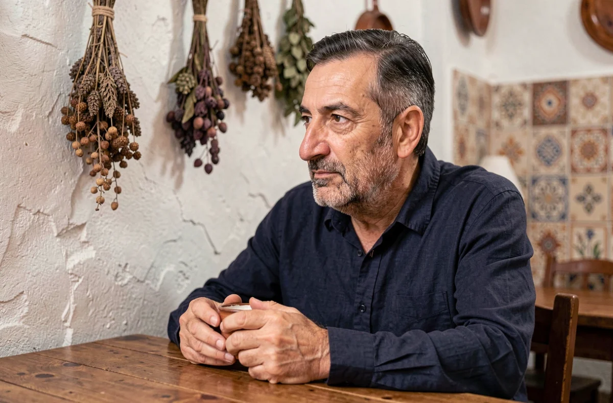 Homme grec au profil caractéristique avec nez droit dans une taverne traditionnelle grecque