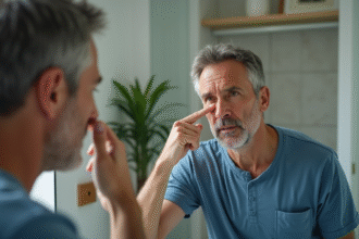 Homme d'âge moyen se regardant dans le miroir de salle de bain