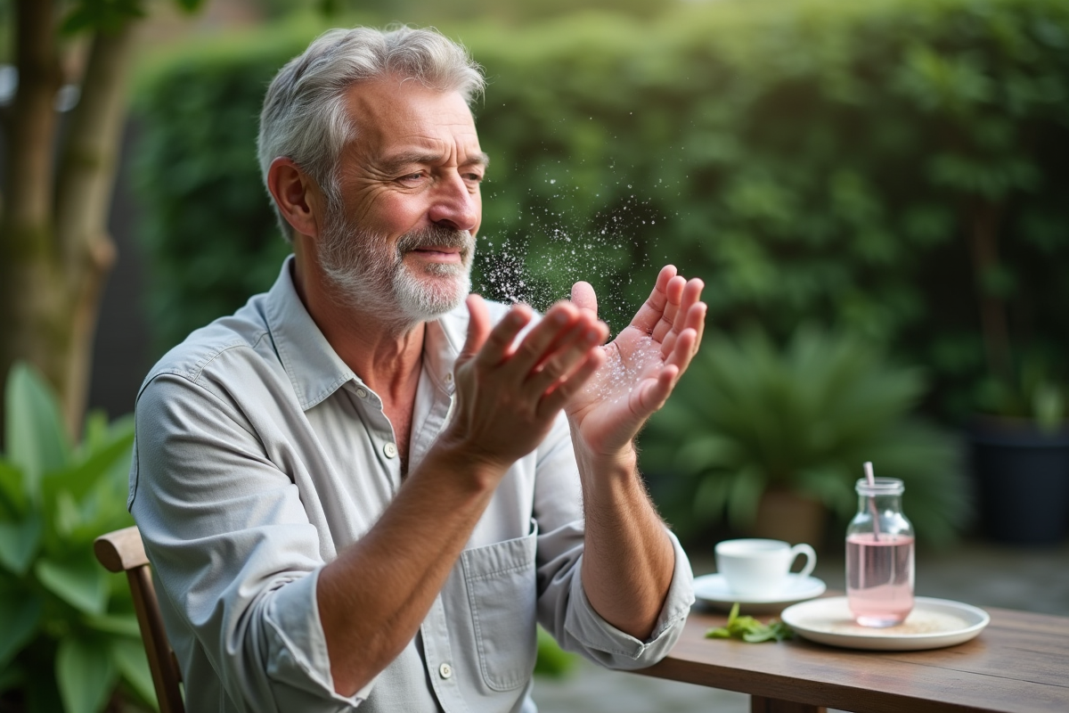 Homme se rafraichissant au jardin au petit matin
