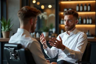 Jeune homme en discussion avec son barbier pour une coupe taper