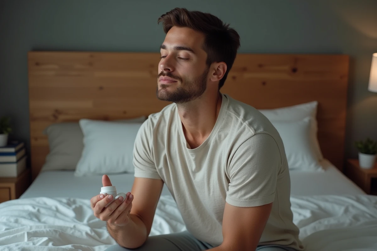Homme massant sa creme visage dans sa chambre calme