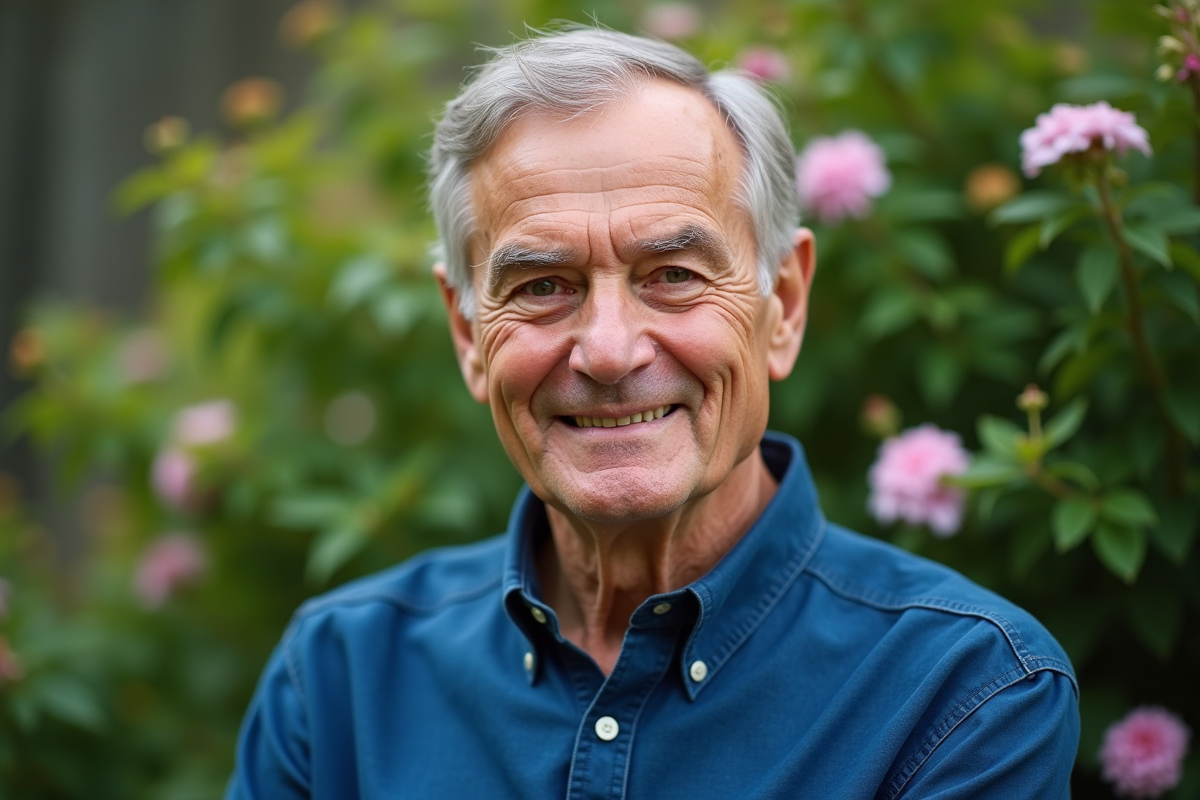 Homme souriant dans un jardin fleuri
