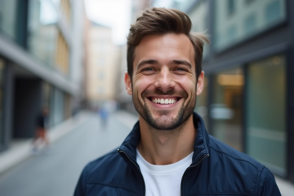 Jeune homme souriant avec des dents saines après une visite chez The Smilist, en milieu urbain