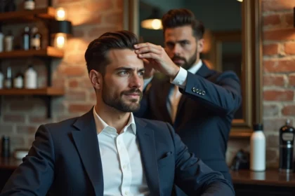 Homme élégant en coiffure slicked back dans un salon moderne