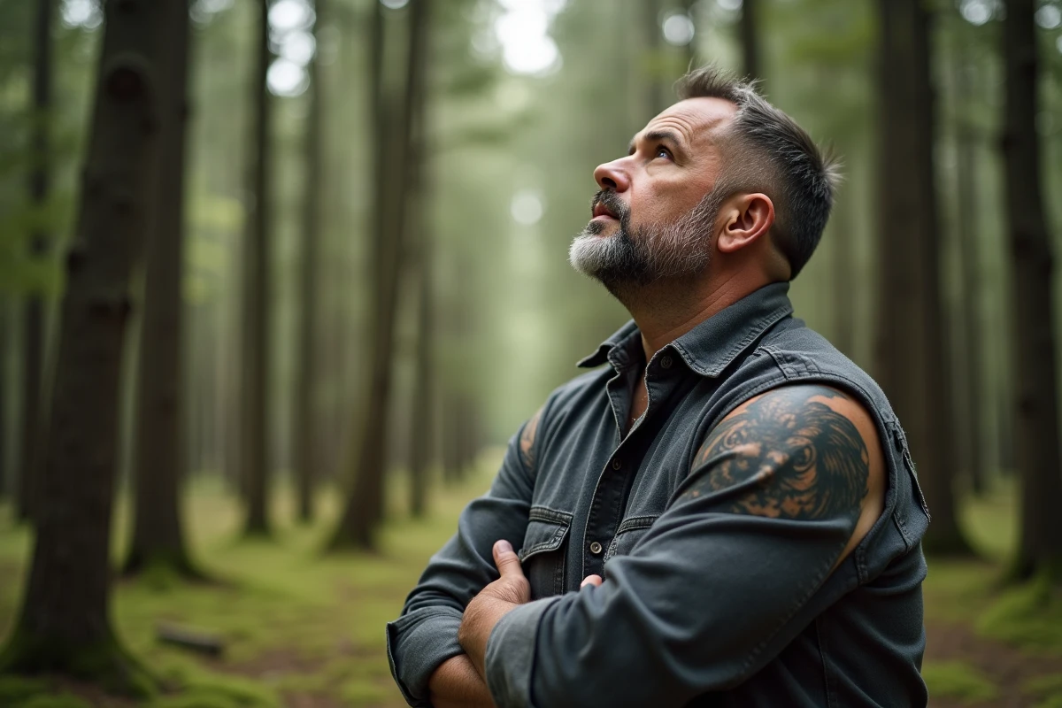 Homme en forêt contemplant la canopée avec un grand tatouage hibou néo-traditionnel visible sur le bras