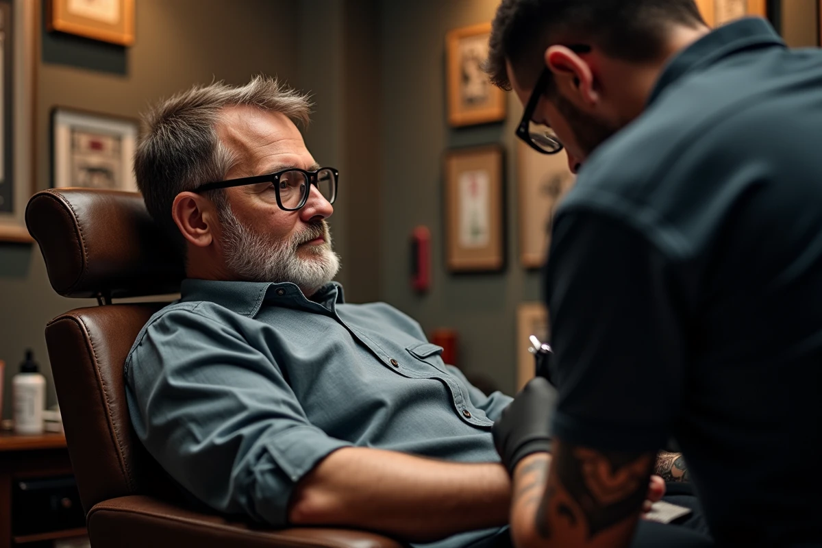 Homme en train de se faire tatouer dans un salon artisanal