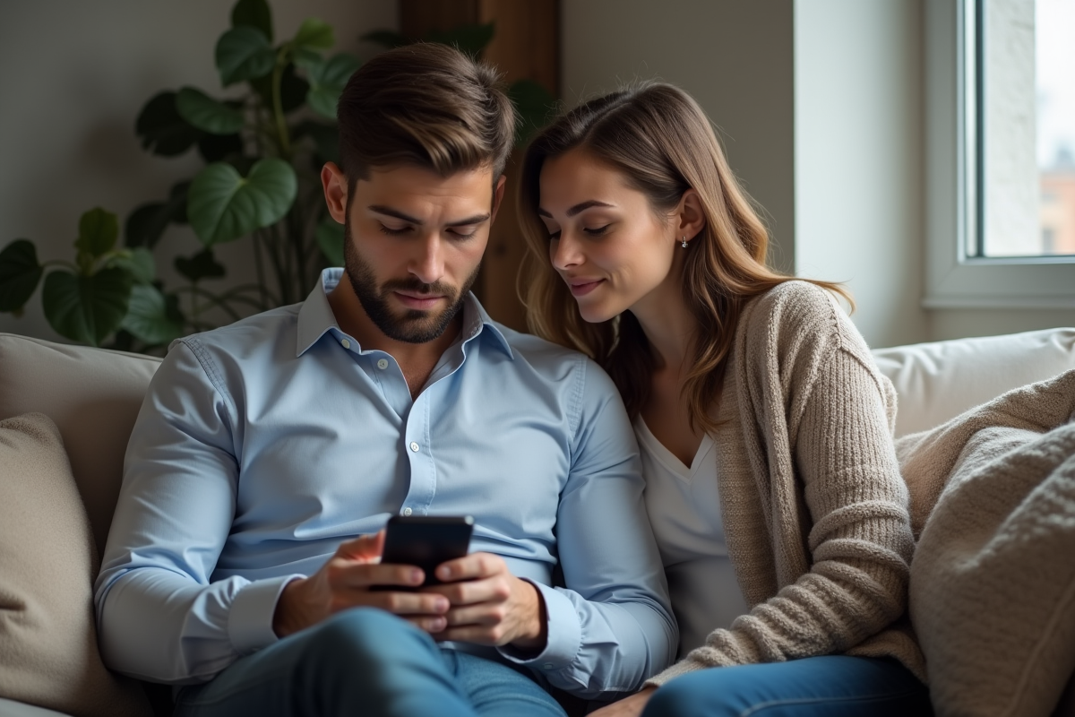 Homme regardant son téléphone avec une amie dans un salon moderne