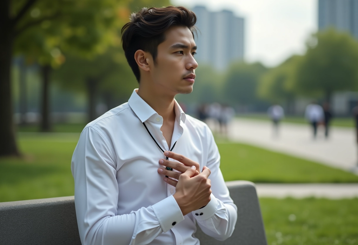 Jeune homme retirant un pendentif en tourmaline dans un parc urbain