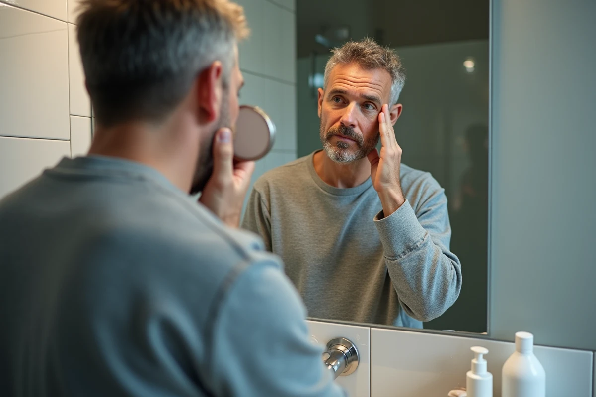 Homme examinant sa peau dans le miroir de la salle de bain