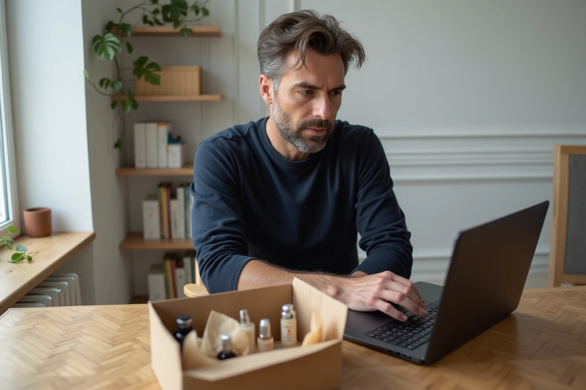 Homme vérifiant les avis clients sur Primor livraison France depuis son bureau à domicile
