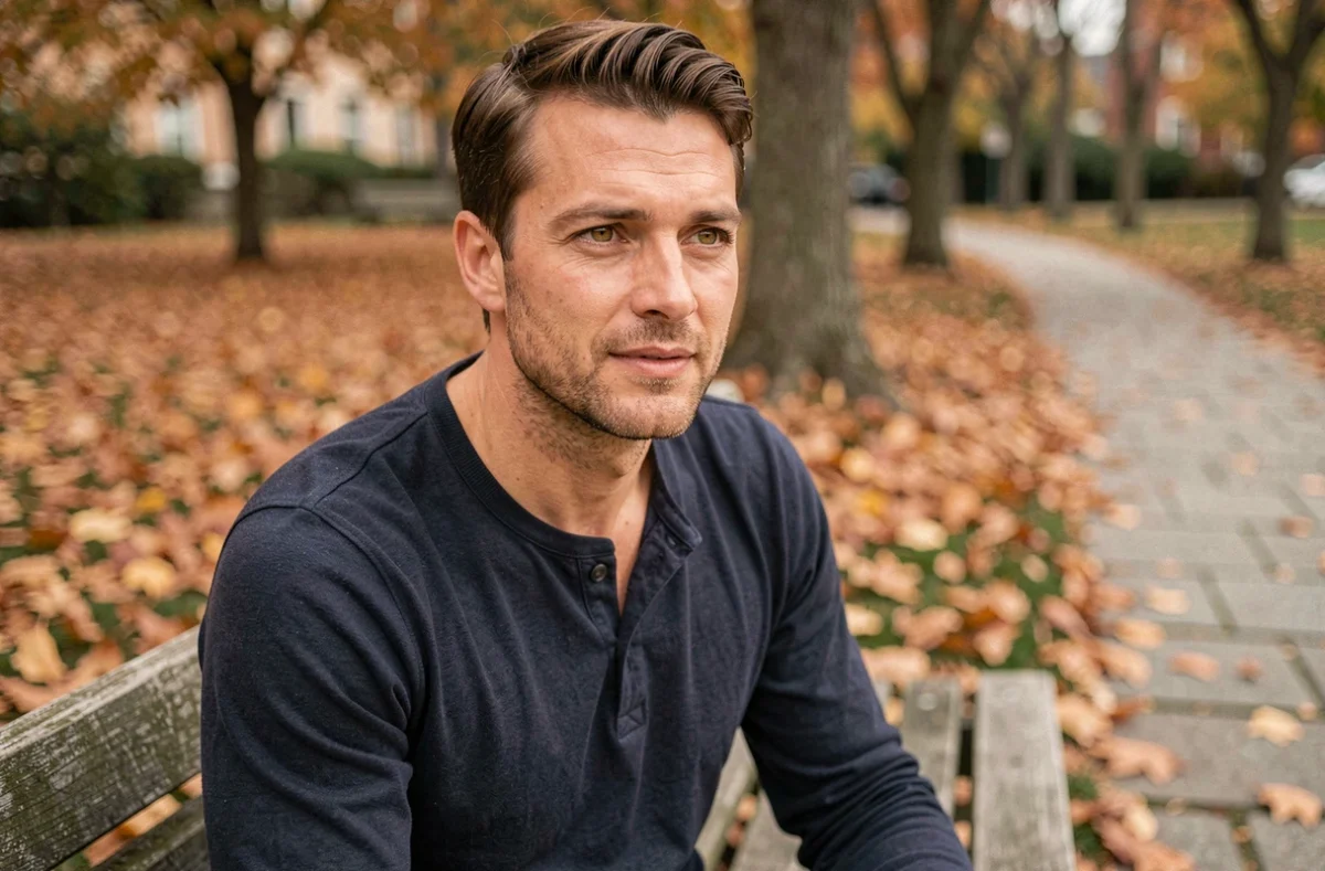 Homme aux yeux hazel assis dans un parc en automne, regard tendre et expressif