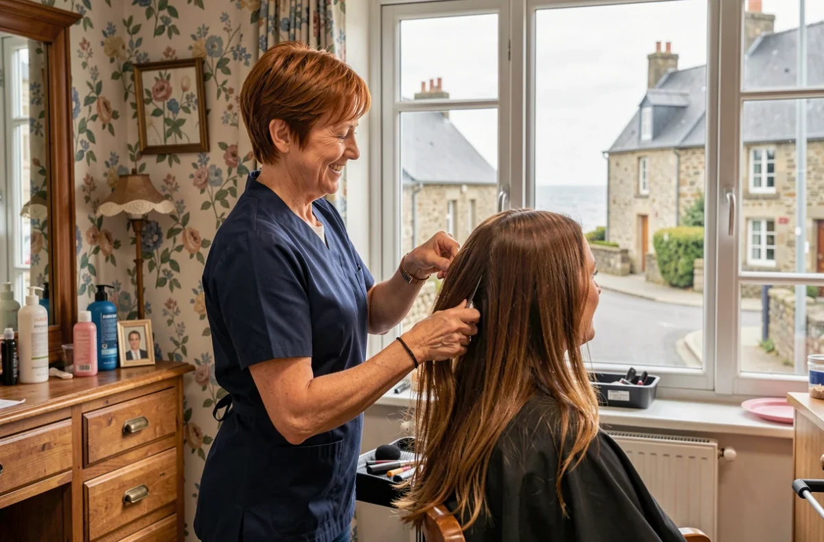 Coiffeuse souriante effectuant une coupe de pointes dans le salon Idee en Tete à Landunvez, avec vue sur le village breton en arrière-plan
