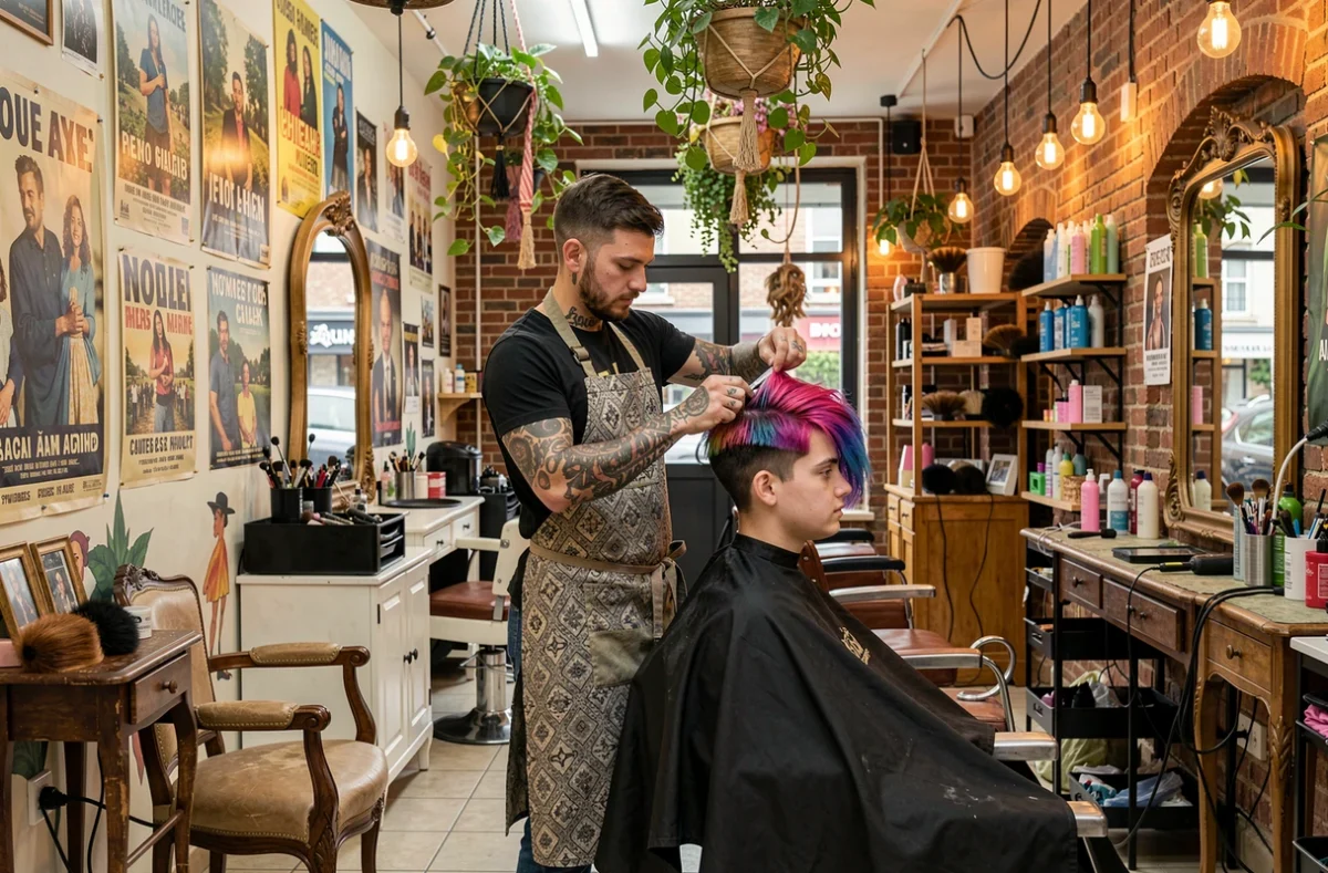L'Improbable Salon à Rouen, espace de coiffure créative avec décoration éclectique et coiffeur au travail