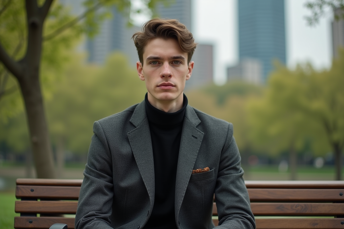 Jeune célébrité assis dans un parc calme