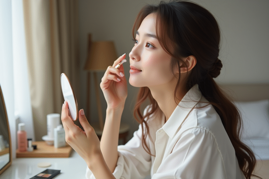 Jeune femme appliquant un primer visage dans sa chambre