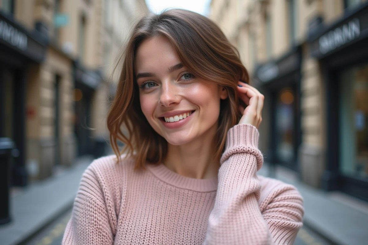 Jeune femme souriante avec coupe bob en extérieur