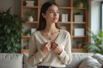 Jeune femme portant un collier aquamarine dans un salon lumineux