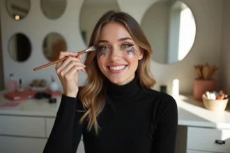 Jeune femme souriante appliquant maquillage araignee