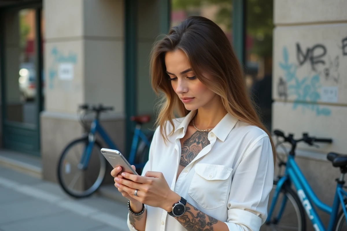 Jeune femme européenne regardant des tatouages maori sur son smartphone