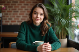 Jeune femme en pull vert dans un café cosy