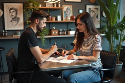 Jeune femme discutant avec un tatoueur dans un studio moderne