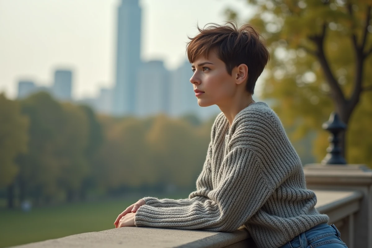 Jeune femme à la coupe carré dans un parc urbain