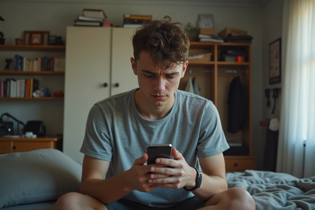 Jeune homme utilisant une application de coiffure sur son smartphone