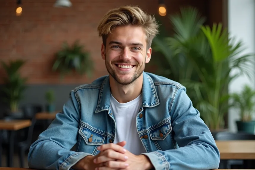 Jeune homme souriant dans un café urbain avec mur en briques