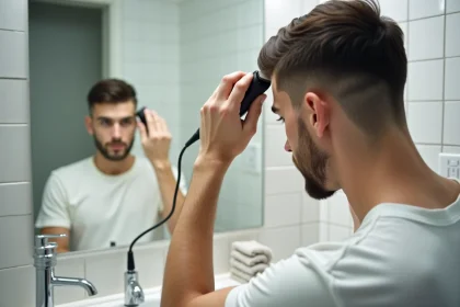 Jeune homme coupe sa propre casquette dans la salle de bain