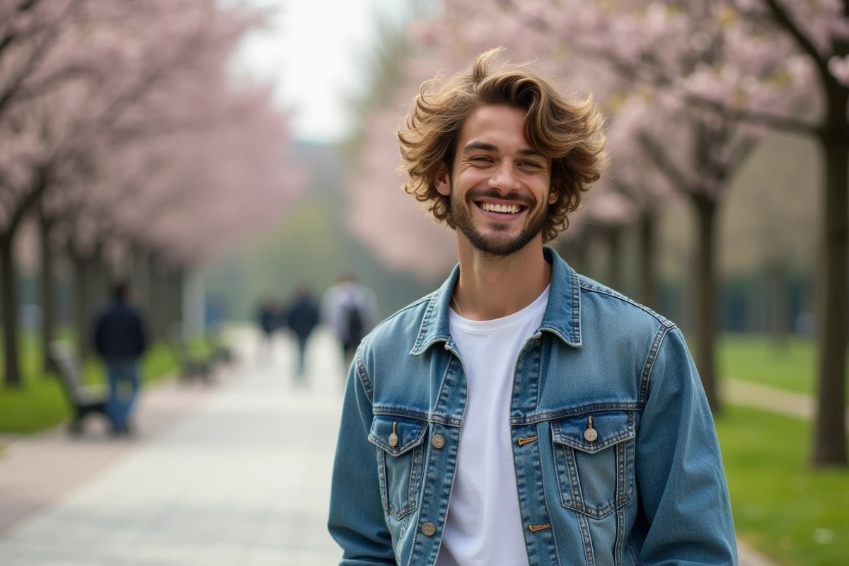 Jeune homme avec boucles dans un parc printanier