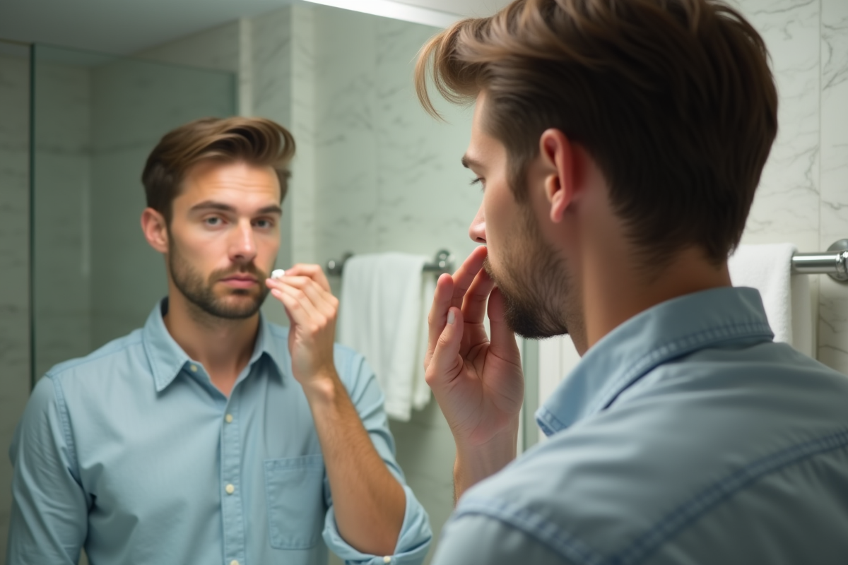 Jeune homme se maquillant devant un miroir de salle de bain moderne