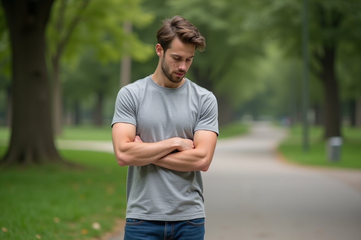 Jeune homme observant ses taches de naissance en plein air