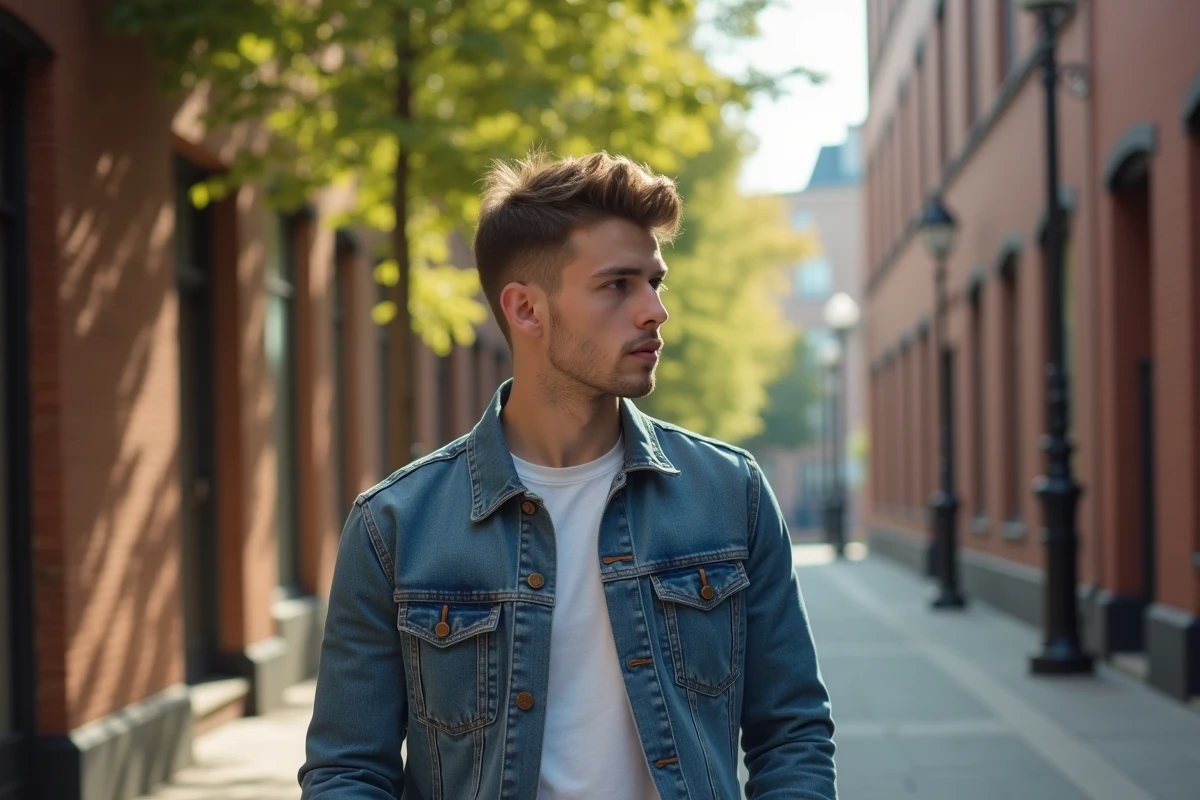 Jeune homme en denim marchant dans une rue urbaine ensoleillée