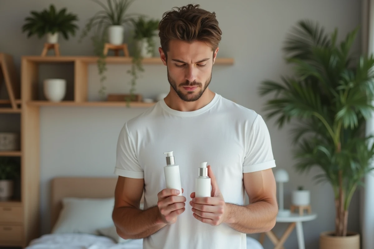 Jeune homme regardant des bouteilles de soins dans sa chambre