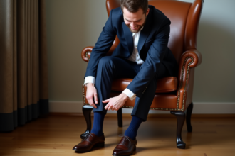 Jeune marié souriant ajustant ses chaussettes élégantes en navyblue