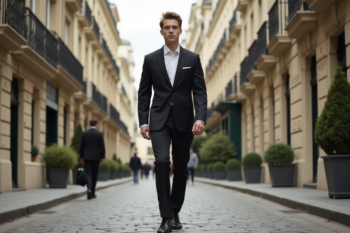 Jeune mannequin en costume moderne marchant dans Paris