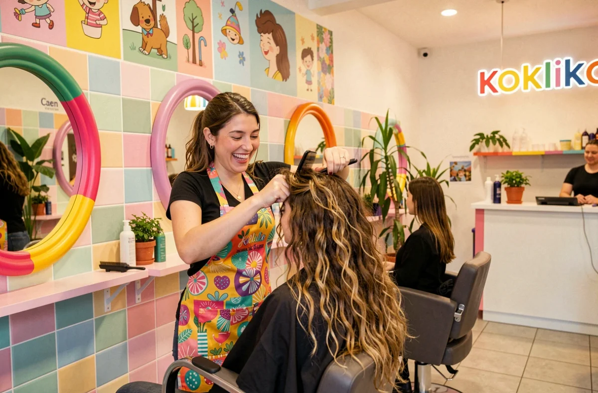Salon Kokliko à Caen avec décoration colorée et gaie, coiffeuse et cliente souriantes