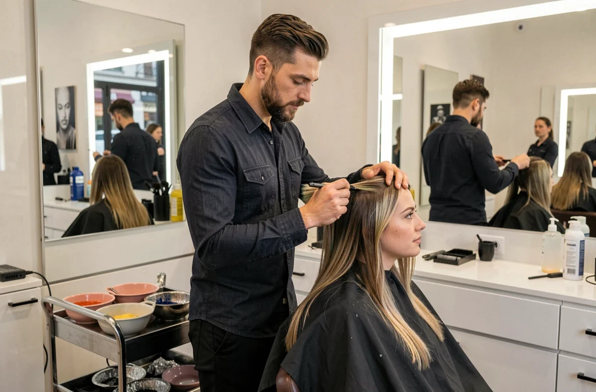 Coiffeur masculin appliquant une technique de coloration sur une cliente dans le salon La Boite à Cheveux à Brest