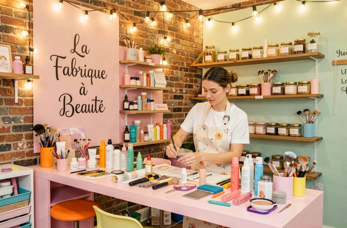 Espace créatif et coloré de La Fabrique à Beauté avec esthéticienne arrangeant des produits cosmétiques sur un poste de travail artisanal