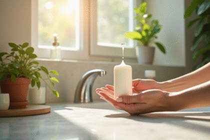 Mains d'une femme versant un shampooing naturel dans la paume