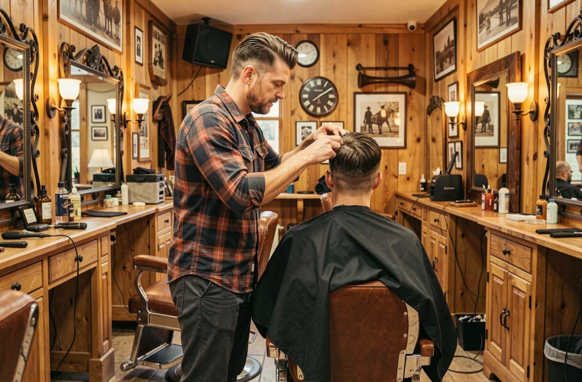 Coiffeur au style rockabilly travaillant dans le salon Le Saloon à Guilvinec, avec une décoration intérieure western et des fauteuils en cuir vintage