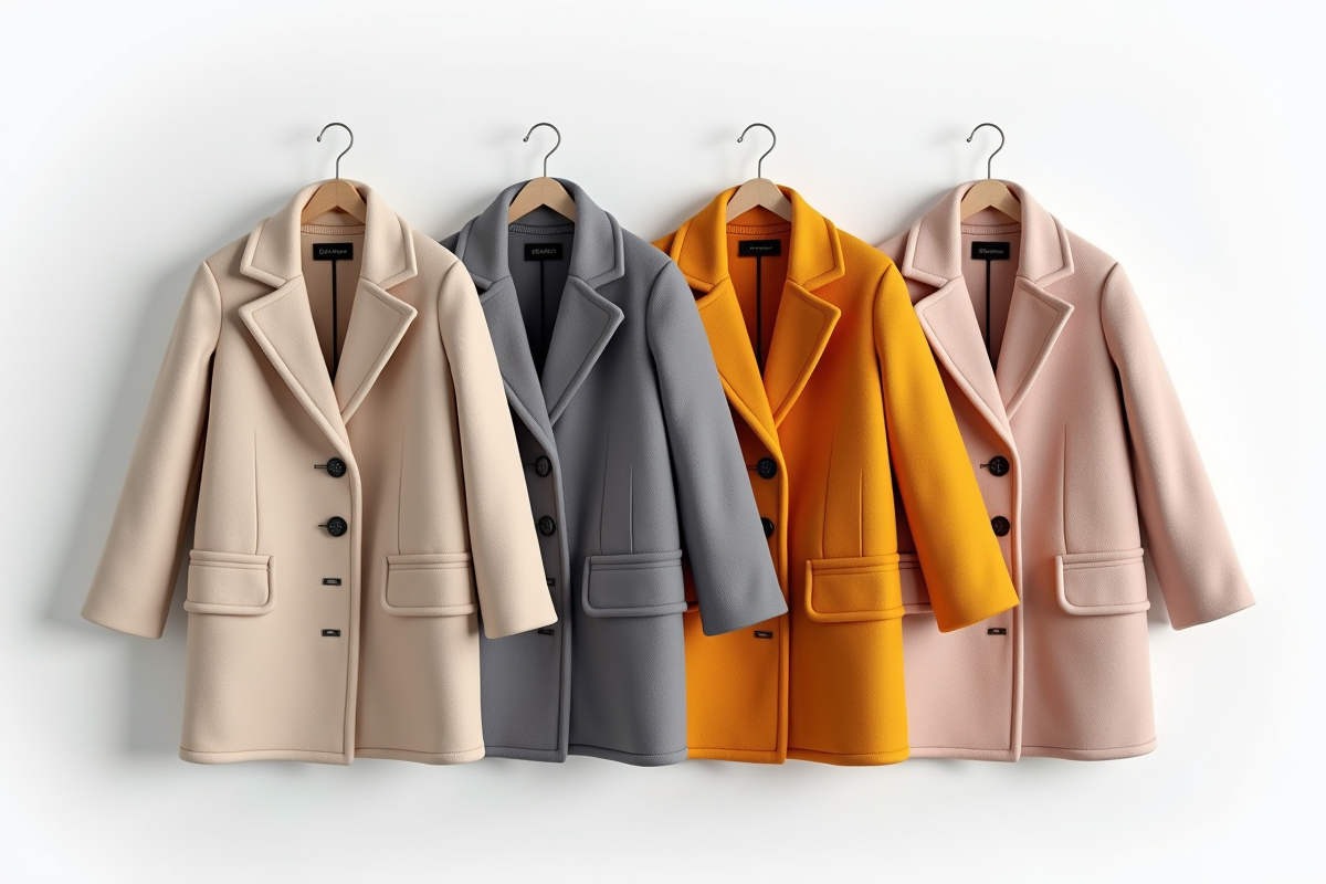 Quatre manteaux de femmes aux styles variés sur fond blanc