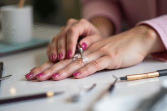 Main de femme appliquant un wrap pour ongles avec outils modernes