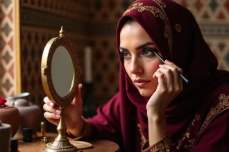 Femme marocaine appliquant du khôl traditionnel devant un miroir en laiton dans un intérieur décoré de zellige