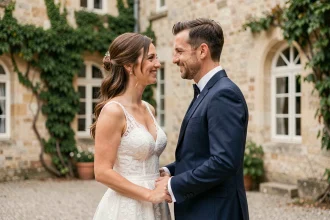 Couple de mariés partageant un moment intime dans la cour d'un château français, photographié par le Studio Thomas Tuccinardi